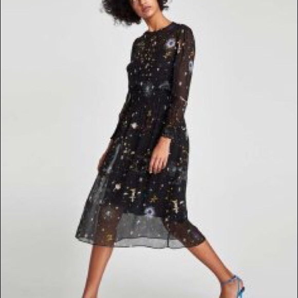 RARE Zara Astrology Midi Dress long sleeve navy dress unlined smocked sleeves - Picture 5 of 12